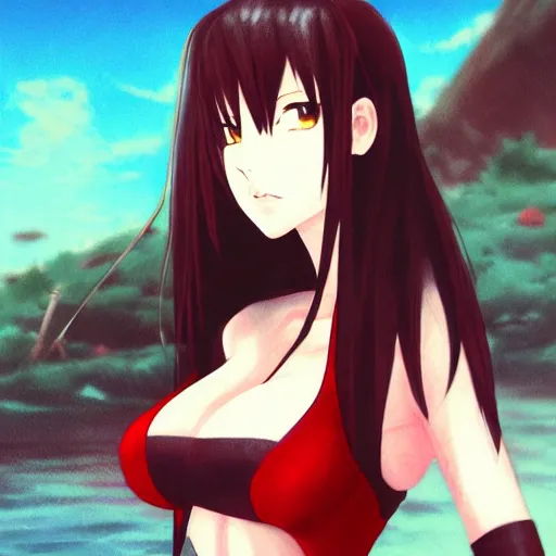 Image similar to portrait of tifa lockhart standing by a river, black and red colors, anime fantasy illustration by tomoyuki yamasaki, kyoto studio, madhouse, ufotable, trending on artstation