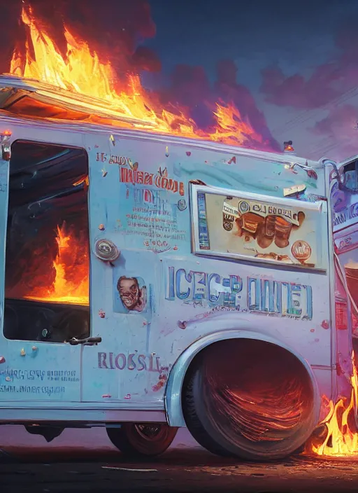 Prompt: highly detailed image of an ice cream truck on fire, in gta v, stephen bliss, unreal engine, fantasy art by greg rutkowski, loish, rhads, ferdinand knab, makoto shinkai and lois van baarle, ilya kuvshinov, rossdraws, tom bagshaw, global illumination, radiant light, detailed and intricate environment