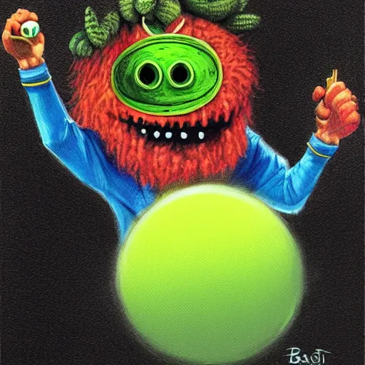 Image similar to a tennis ball monster, digital art, fantasy, magic, trending on artstation, ultra detailed, professional illustration by Basil Gogos