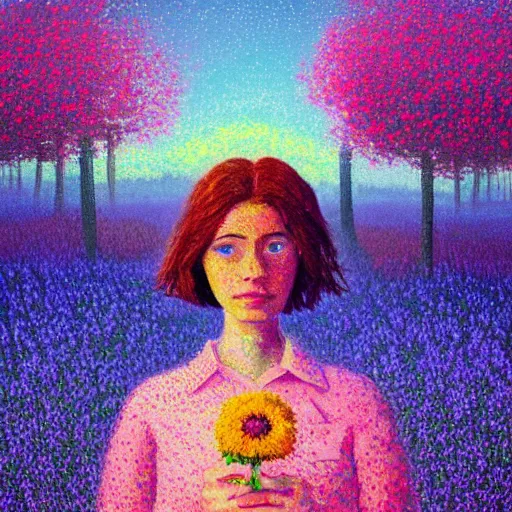 Prompt: girl with large flower as a face, flower field, big trees, sunrise dramatic light, impressionist painting, colorful clouds, digital painting, pointillism, artstation, simon stalenhag