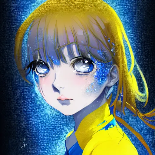 Image similar to a portrait of anime ukrainian blue and yellow girl, scared and crying, concept art, trending on artstation, highly detailed, intricate, sharp focus, digital art, 8 k