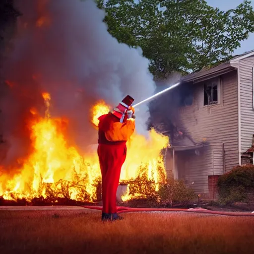 Image similar to photo of a clown using a flamethrower. In the background there is a house fire. award-winning, highly-detailed, 8K