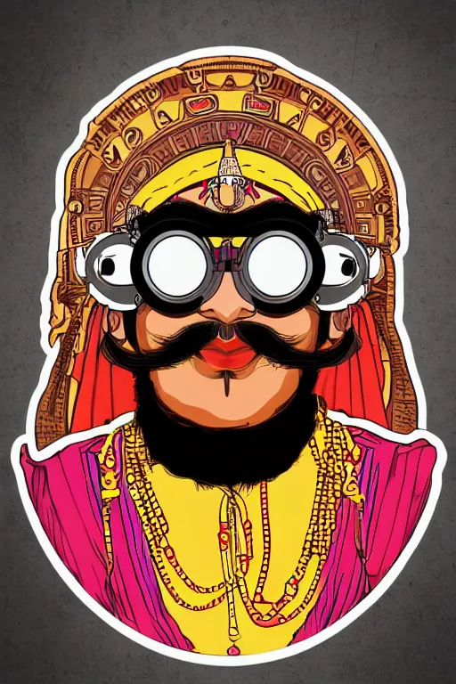 Prompt: face portrait of an indian man with long neon moustache rajasthani pagdi wearing steampunk goggles and jewelry, art by butcher billy and mucha, sticker, colorful, illustration, highly detailed, simple, smooth and clean vector curves, no jagged lines, vector art, smooth