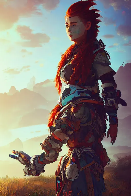 Image similar to combination suit armor aloy horizon forbidden west horizon zero dawn radiating a glowing aura global illumination ray tracing hdr fanart arstation by ian pesty and alena aenami artworks in 4 k tribal robot ninja mask helmet backpack