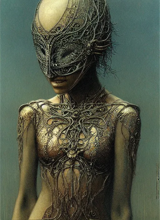 Image similar to girl in detailed ornamental mask by Beksinski and Luis Royo