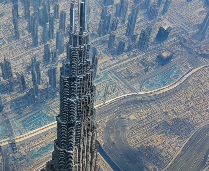 Image similar to 4 k hd, high detail photograph of burj khalifa, shot with sigma f / 4. 2, 2 5 0 mm sharp lens, wide shot, consistent, isometric view, volumetric lighting, high level texture render