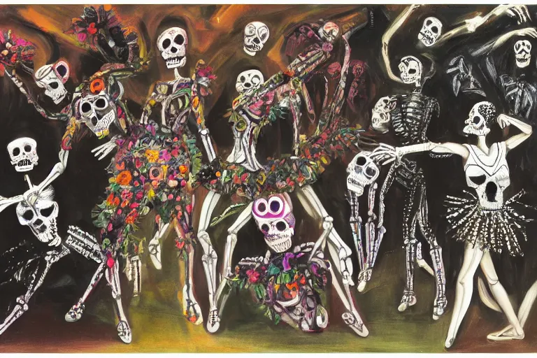 Prompt: scene from ballet, day of the dead, cyber skeletons, queen in black silk in the center, neon painting by otto dix