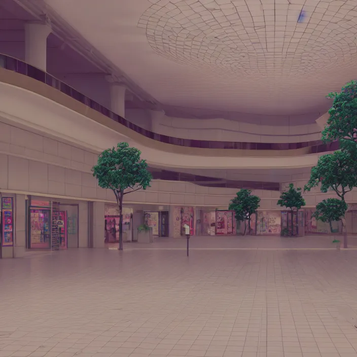 Image similar to vaporwave 7 0 s dreamy empty empty shopping mall, japanese style, highly detailed, 3 d render, vray, octane, realistic lighting, photorealistic