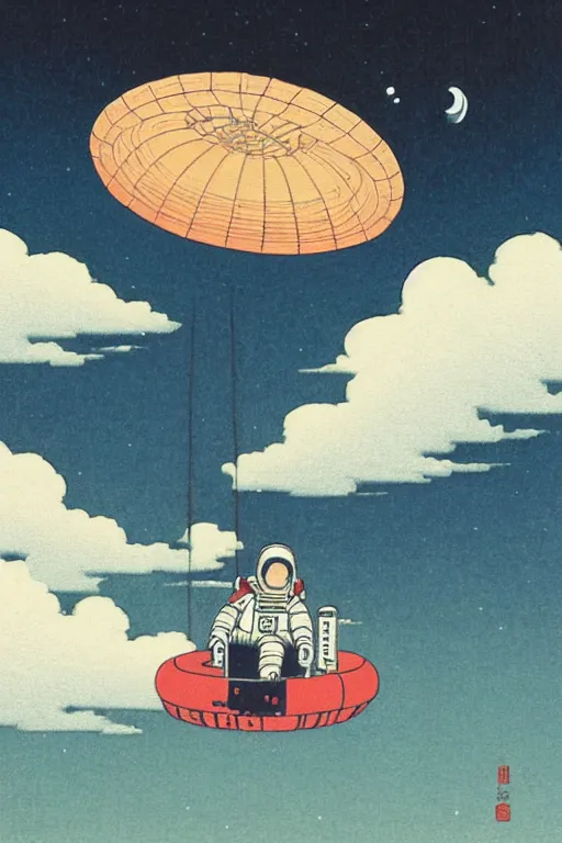 Prompt: An astronaut floating above the earth, in the style of kawase hasui