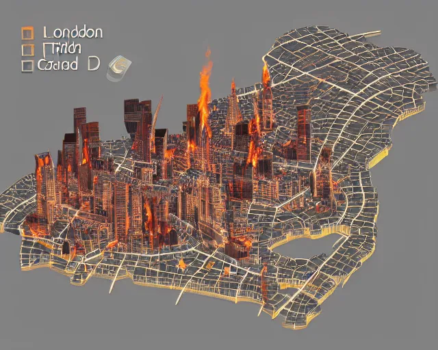 Prompt: 3 d model of london on fire, isometric, fire and smoke, air shot