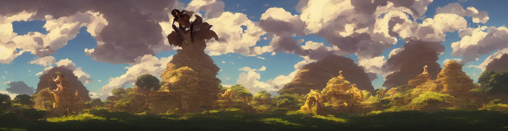 Prompt: A landscape of sphinx statue, Studio Ghibli, beautiful sky, animated, anime, illustrated, vibrant, by Greg Rutkowski, dungeons and dragons on artstation