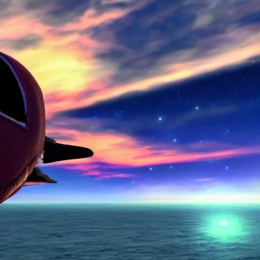 Image similar to high quality photo of star fox looking out at the ocean at sunset realism 8k award winning photo