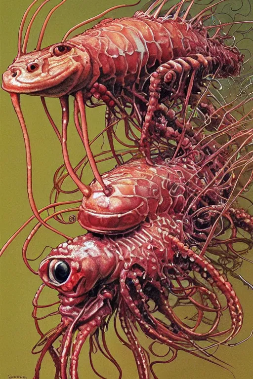 Prompt: skrimp, shrimpman biomechanical axolotl tentacle fish, masterpiece, intricate, elegant, highly detailed, digital painting, smooth, sharp focus, illustration, art by james gurney, graeme base, brian froud, alan lee