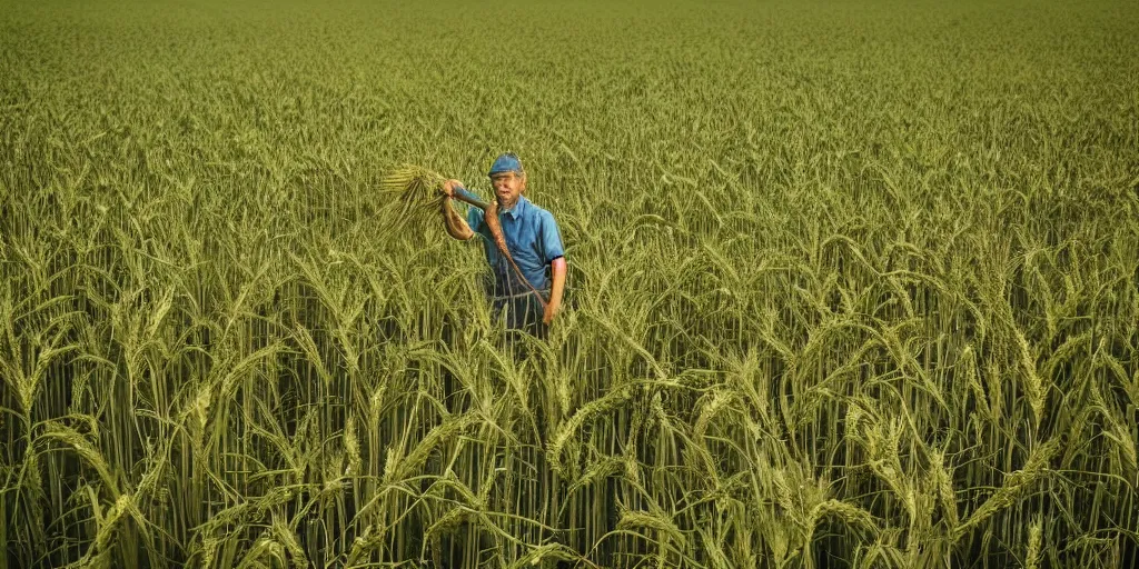 Image similar to a beautiful view of a farmer working in wheat field and there is a beautiful jungle behind the field, professional photography