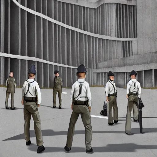 Image similar to ( ( beige and pale ) ) uniform and caps zombie security officers ( background brutalist concrete office ) trending on artstation very high detail digital painting 4 k 8 k hd accurate