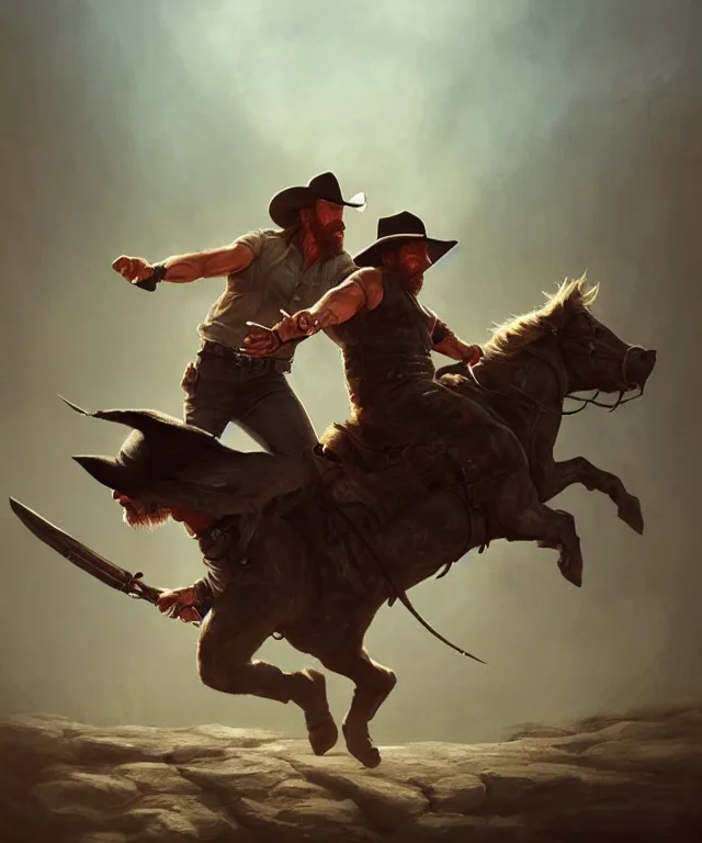 Image similar to chuck norris, cinematic, wearing a cowboy hat, kicking a ninja, elegant, highly detailed, digital painting, artstation, smooth, hard focus, illustration, art by jessica rossier and and brian froud