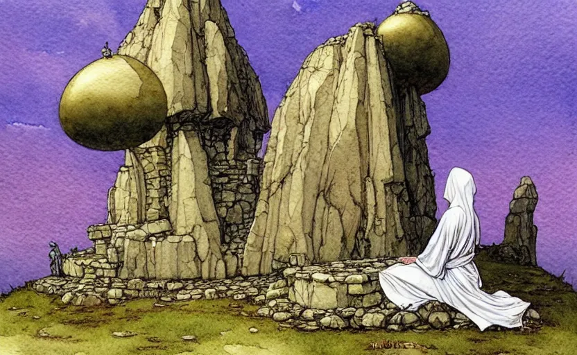 Image similar to a realistic and atmospheric watercolour fantasy concept art of a golden ufo landing on top of a megalithic ruin. female medieval monk in grey robes kneeling with her hands by her sides. by rebecca guay, michael kaluta, charles vess and jean moebius giraud