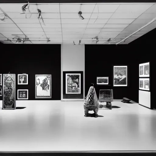 Prompt: an _ overview _ photography _ of _ an _ exhibition _ space _ with _ ethnographic _ objects _ on _ display _ 6 0 s _ offset _ lithography _ black _ white _ 8 k