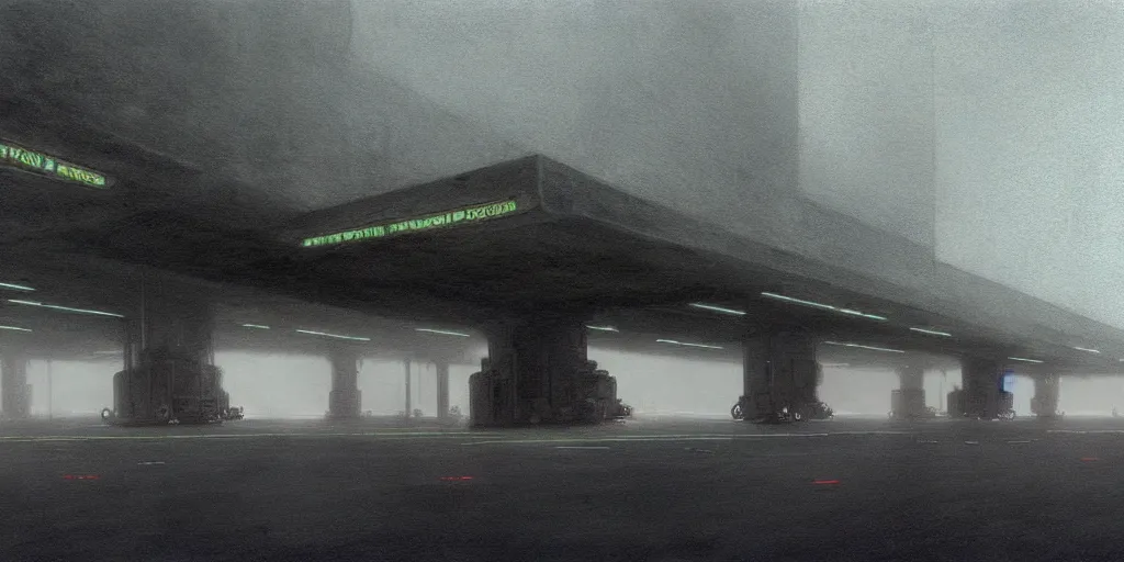 Prompt: matte painting of gigantic huge mech covered with wounds, black, pastel matte colors, staying in the foggy huge parking station, by moebius, hyperrealism, intricate detailed