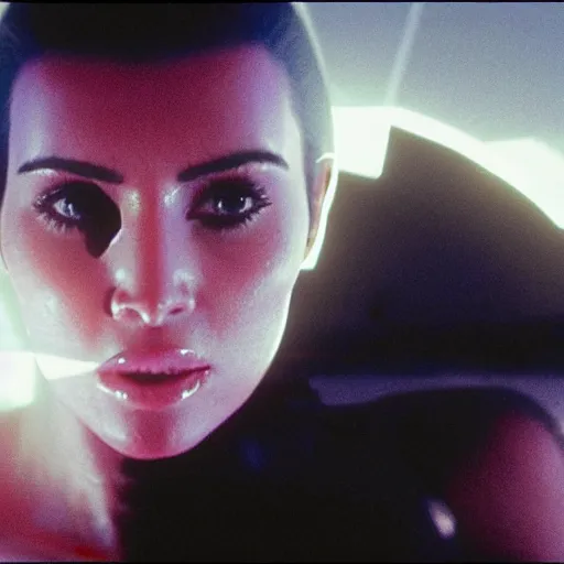 Image similar to film still of kim kardashian in the movie Alien, alien spider mounted to her face as she tries to resist, spider webbed body, scary cinematic wide shot, full body pov, 4k.