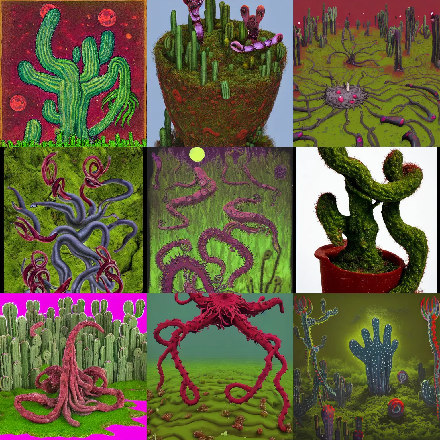 Image similar to voidless of the festival!, The Graveyard, blood moon tentacles!!, outsider art!!!, The ego separates by Wojciech Siudmak!!!!, a single potted cactus in a laboratory!!!!!, large group of crabs and worms, crawling along a bed of moss, low poly, creeper world, handcrafted, artstation, hyperrealistic, hard light, best practices, creeptastic, photorealism, macro perspective, cuddly