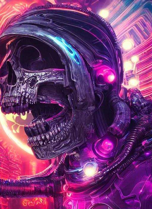 Prompt: a futuristic skull with glowing eyes and a wormhole tunnel, cyberpunk art by android jones, behance contest winner, computer art, darksynth, synthwave, rendered in cinema 4 d