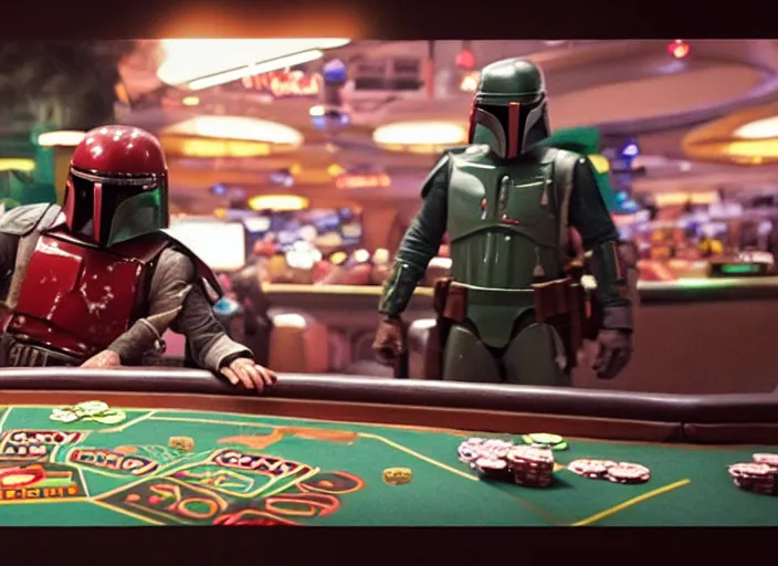 Prompt: film still of Boba Fett gambling in vegas in the new star wars film, 4k