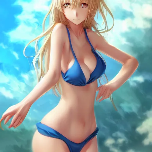 Image similar to a very beautiful anime mature girl, full body, long wavy blond hair, sky blue eyes, full round face, short smile, bikini, miniskirt, front view, medium shot, mid-shot, highly detailed, cinematic wallpaper by Stanley Artgerm Lau