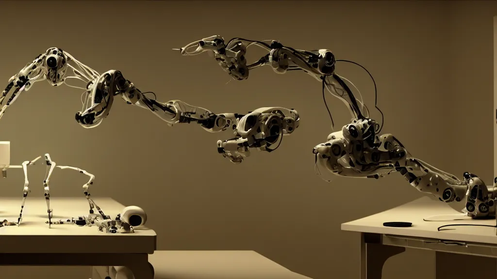 Prompt: a complex bifurcated robotic cnc surgical arm hybrid 3 d printer machine making organic ceramic kintsugi mandlebulb forms in the living room laboratory, film still from the movie directed by denis villeneuve with art direction by salvador dali, wide lens, f 3 2, cinematic lighting, studio quality, smooth render, unreal engine 5 rendered, octane rendered