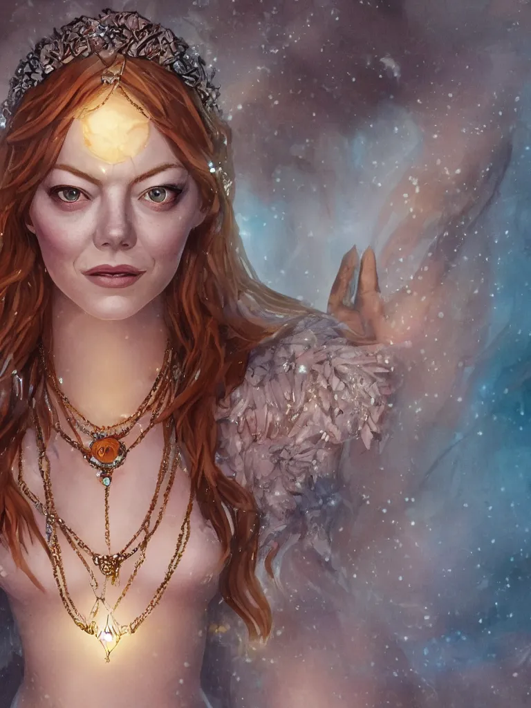 Image similar to close up portrait of emma stone as a beautiful female goddess with glowing necklace, stone courtyard background fantasy atmosphere, decolletage, confident pose, coherent, insane detail, concept art, character concept, cinematic lighting, global illumination radiating a glowing aura
