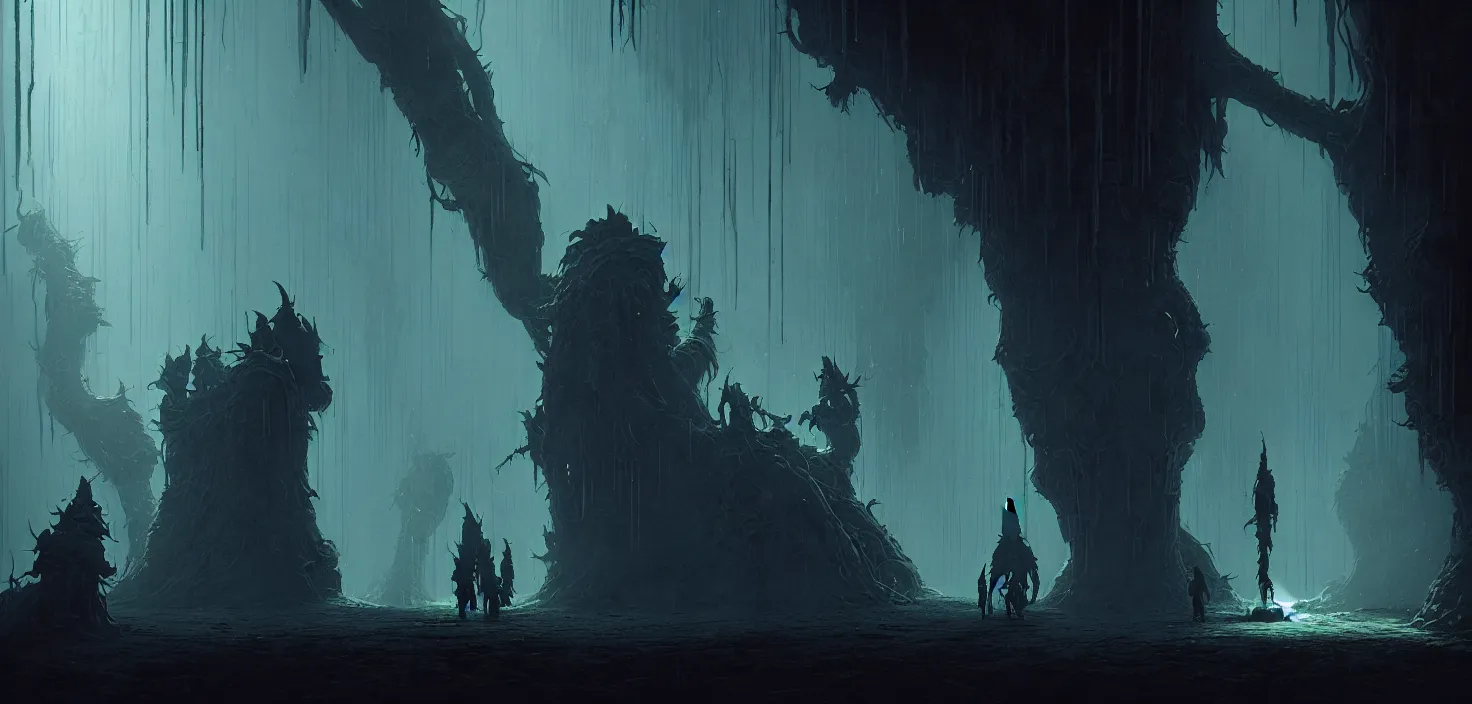 Image similar to wizard in the dark dungeon by denis villeneuve, wayne barlowe, simon birch, marc simonetti, philippe druillet, beeple, bright volumetric sunlight from small windows, rich moody colors, closeup, bokeh, noir