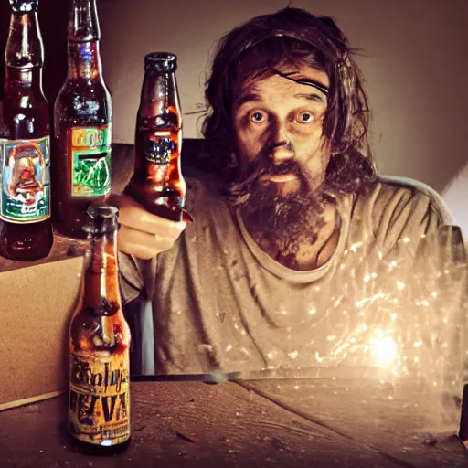 Image similar to a photo portrait of a dirty hobo creating a robogirl from the empty beer bottles and cardboard boxes. symmetry, awesome exposition, very detailed, highly accurate, professional lighting diffracted lightrays, 8 k, sense of awe