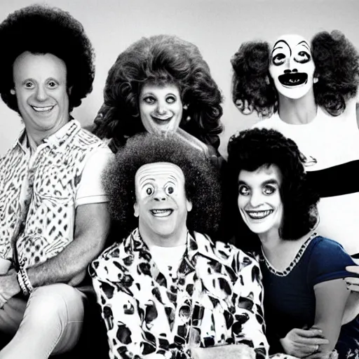 Image similar to vintage 1 9 8 0's sitcom publicity photo, a happy photogenic family and richard simmons as a clown inside a 1 9 8 0's sitcom living room, correct faces, symmetrical faces