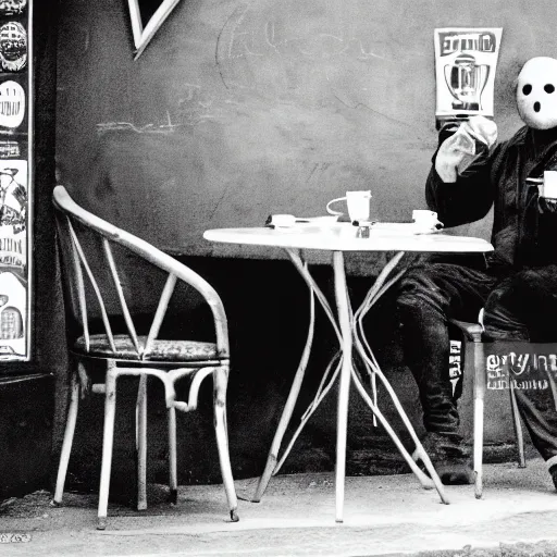 Image similar to photograph of jason voorhees having a coffee at an european caffé