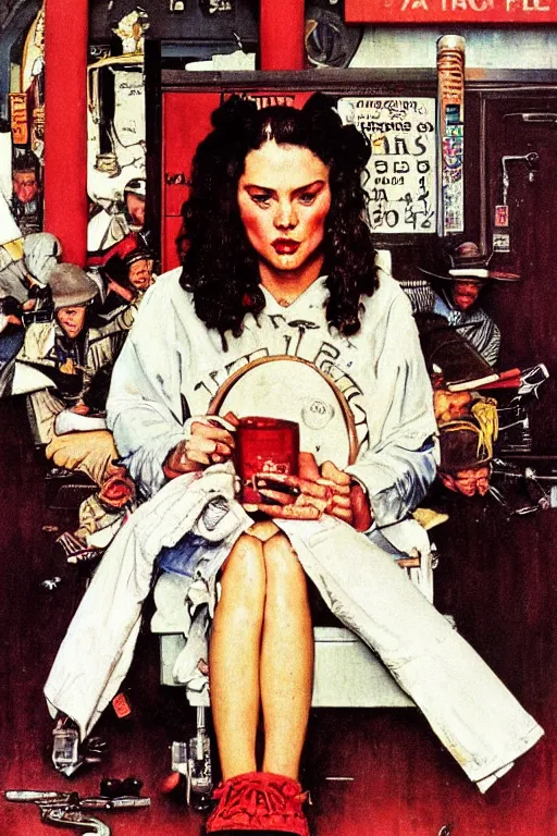 Image similar to Alabama Whitman from True Romance painted by Norman Rockwell