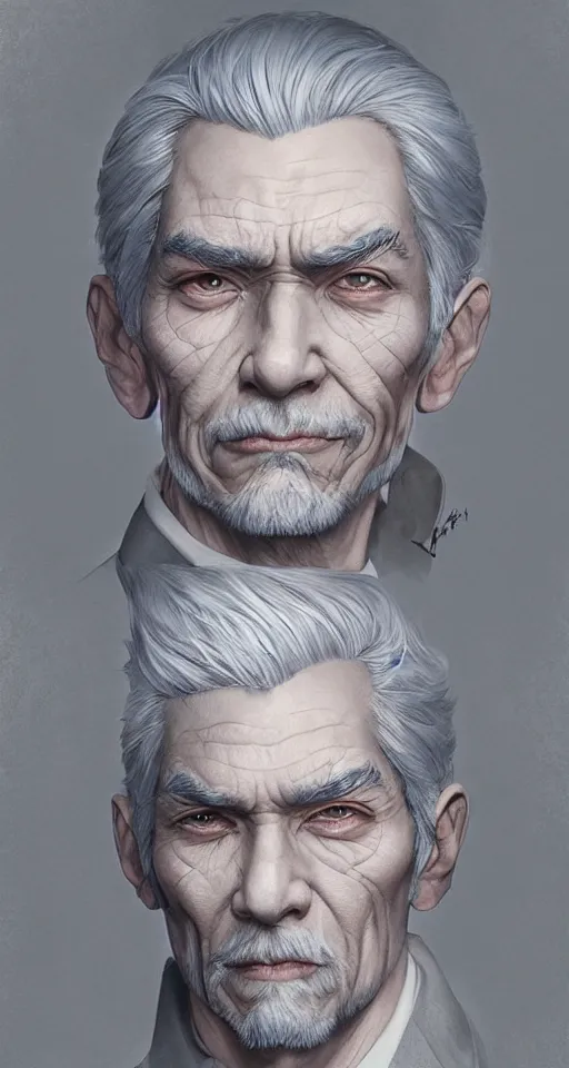 Prompt: very ugly man with silver hair wearing grey suit by artgerm and wlop and krenz cushart, painterly