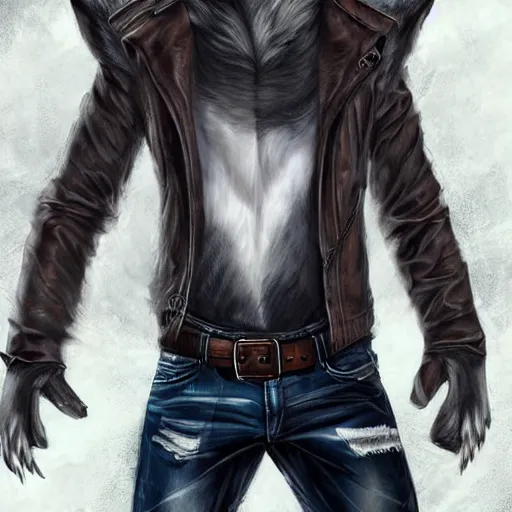 Image similar to A wolf-fox hybrid with a small head wearing a leather jacket and leather jeans and leather gloves, trending on FurAffinity, energetic, dynamic, digital art, highly detailed, FurAffinity, high quality, digital fantasy art, FurAffinity, favorite, character art