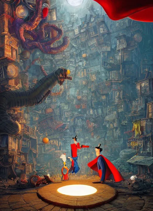 Image similar to the third first image on the scattered absurdity server, dr seuss, and dr strange, looking at an open portal hopping and time warping with reckless abandon, dramatic atmosphere, photo realistic, hyperrealism, by Greg rutkowski, Jacek Yerka, Dan Mumford