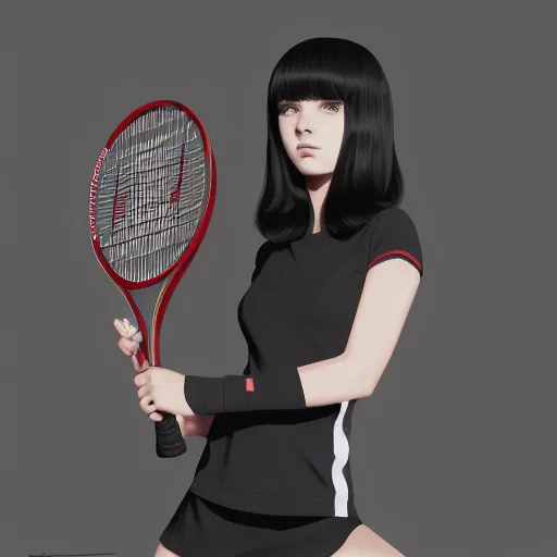 Prompt: a drawing of a woman holding a tennis racquet, a character portrait by Ilya Kuvshinov, cgsociety, shock art, ilya kuvshinov, 2d game art, official art
