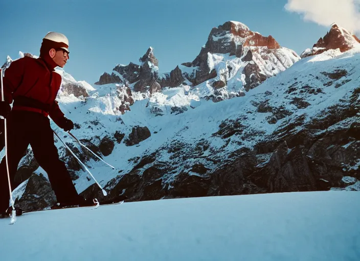 Prompt: a 2 8 mm macro kodachrome photo of one man skiing in the swiss alps in the 1 9 5 0's, bokeh, canon 5 0 mm, cinematic lighting, film, photography, golden hour, depth of field, award - winning