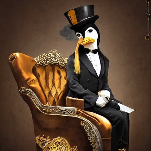 Image similar to oil painting of grumpy rich steampunk penguin, sitting in fancy chair, wearing top hat, holding gold watch, steampunk factory background, sharp focus, fantasy style, octane render, volumetric lighting, 8k high definition, by greg rutkowski, highly detailed, trending on art Station, magic the gathering artwork, centered, deviantart,