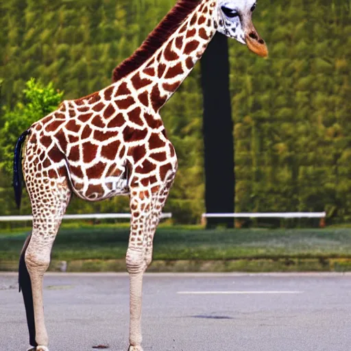 Prompt: photo of giraffe wearing a studded leather jacket