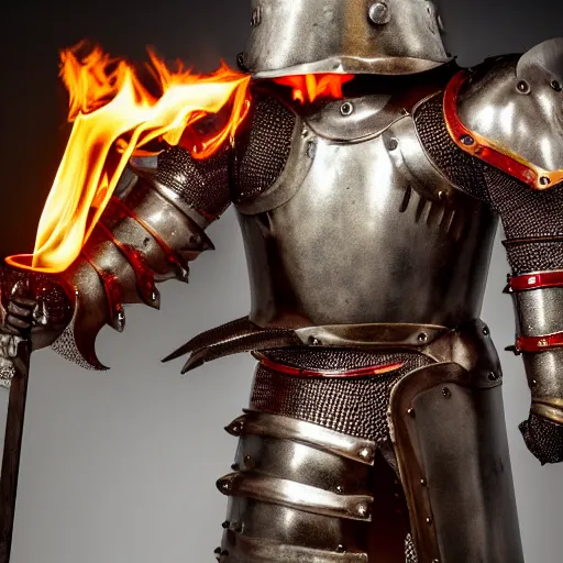 Image similar to medieval heavy armored knight with intricate designs, holding a sword of fire. Red eyes.