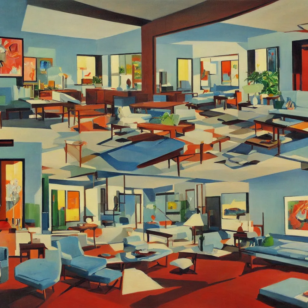 Image similar to an oil painting of the interior of a mid century modern house designed by both frank lloyd right and richard sera in palm springs