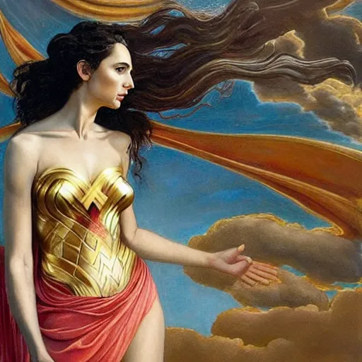 Prompt: Full body oil painting of the beautiful goddess Gal Gadot as hera, she is wearing roman clothes and a surreal jewelry, her hair is natural disheveled, she is approaching heaven over the clouds, naturalism, dramatic lighting, high-detailed oil painting by Ilya Repin, Michelangelo da Caravaggio, William Blake, Alex Grey and Beksinski, trending on Artsation, hystorical painting, naturalism, masterpiece, 4k, 8k,