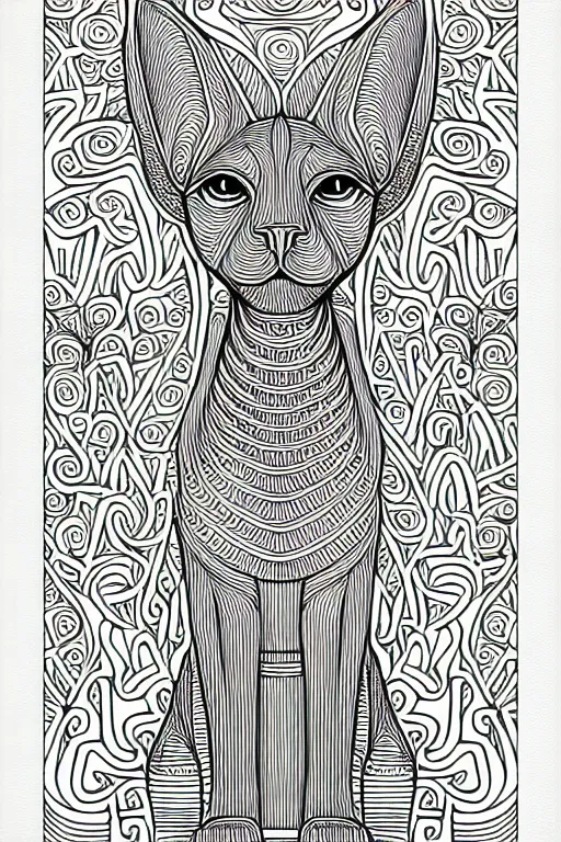 Image similar to sphynx dog egypt cat statue ornate luxury fractal ink drawing line art colouring page, vector, colorful, margins, fine lines, centered