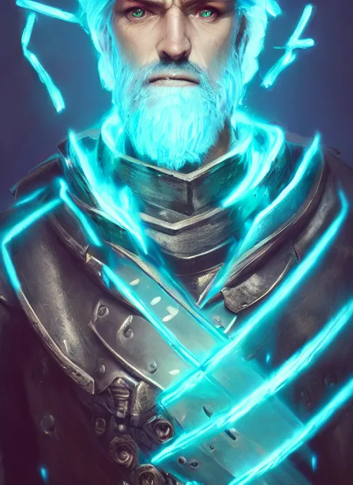 Image similar to A striking epic hyper real portrait painting of hexblade warlock, teal electricity, male, shaggy silver hair, short beard, 4k, 8k, Apex Legends Concept Art, D&D Concept Art, unreal 5, DAZ, hyperrealistic, octane render, cosplay, RPG portrait, dynamic lighting