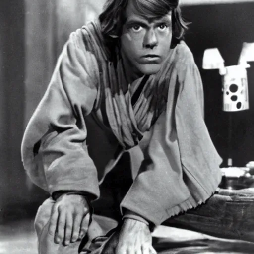 Image similar to still from old 40\'s movie Star Wars (1942) actor playing Luke Skywalker