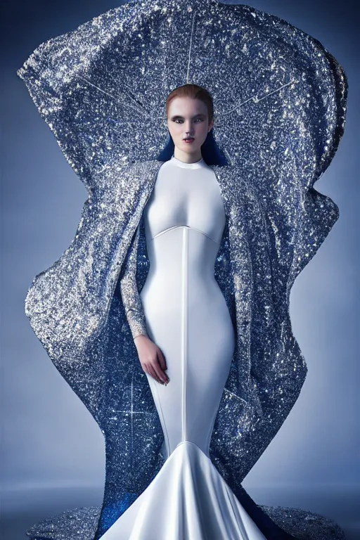 Prompt: photoshot detailed beautiful noun in white gold blue coat, seductive confident pose, attractive feminine curves, intricate details, futuristic, alien, elegant cape, elegant, photorealism, sharp, holy halo below head, advanced technology, hasselblad shot, art by moebius and vitaly bulgarov and chanthara