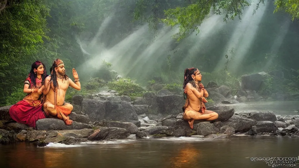 Image similar to lord shiva and his wife goddess parvati, bathing on a river, foggy morning, sun rays, atmospheric and heavenly photo